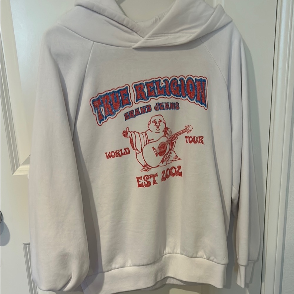 True Religion Cream Hoodie with Red and Blue Design